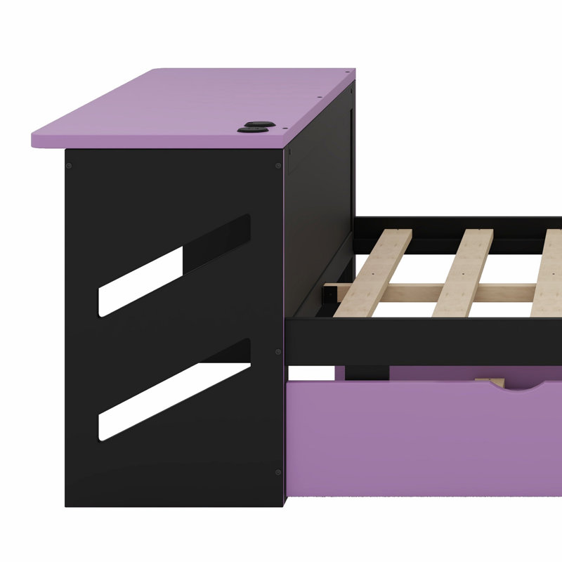 Structure de lit de jour en bois robuste avec couchette, bureau et ports d'alimentation USB