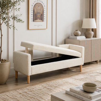 Banc de rangement à dossier rabattable en velours côtelé de 64,7 po de largeur, repose-pieds de fenêtre décoratif avec accoudoirs et dossier et 2 traverses en bois d'hévéa pour le salon, le couloir, la chambre du vestibule, ivoire