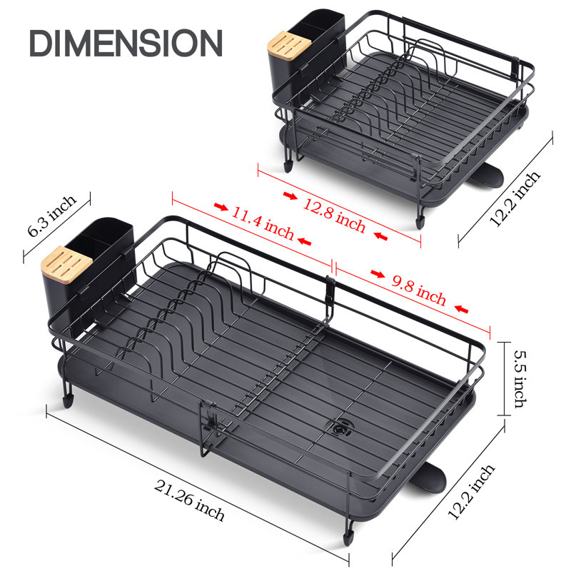 Dish Drainer Rack Kitchen - Adjustable Dish Rack, Foldable Dish Drying Rack with Removable Cutlery Holder Swivel Drainage Spout, Anti-Rust Plate Rack