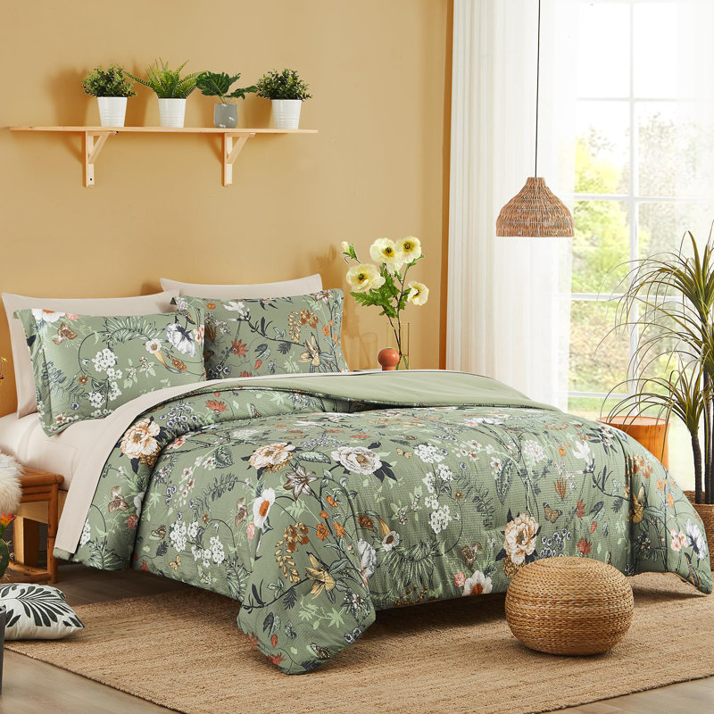 Comforter Set, Comforter Set with Pattern, Soft Seersucker Design All Season Microfiber Bedding Set, Green Butterfly & Floral