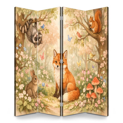6 panneaux paravent pliant paravent royal fantaisiste, forêt, renard, lapin, raton laveur, oiseaux, papillons, toile, écran, séparateur, cloison de protection autoportante, cloison d'intimité