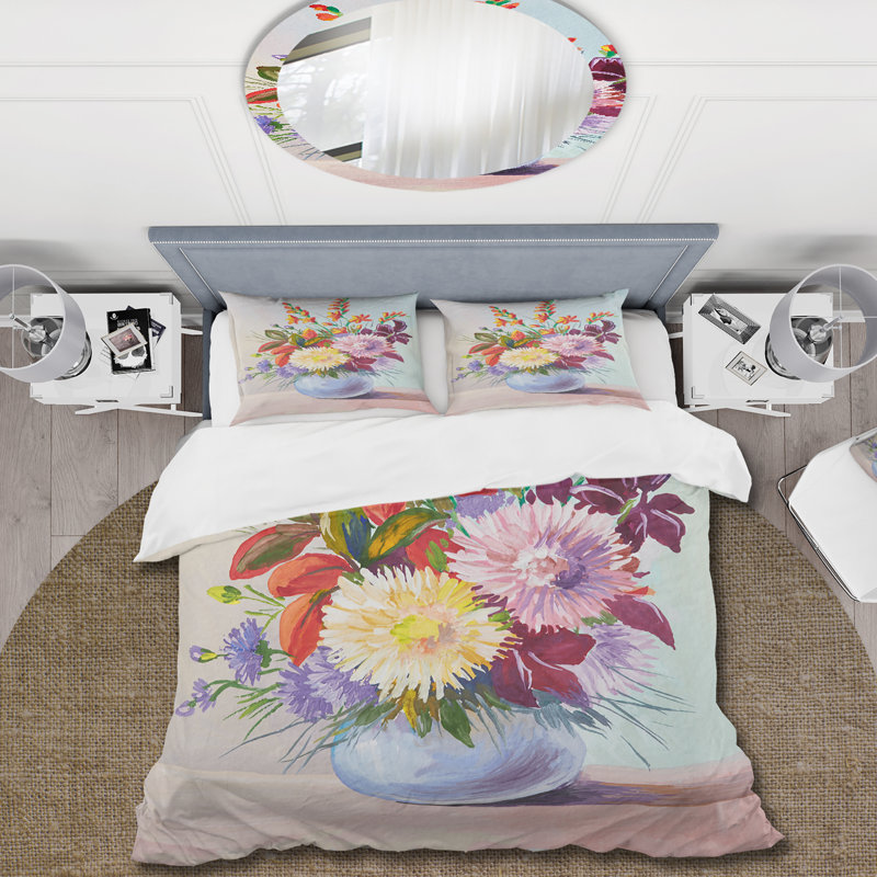 Still Life With Asters On White Flowers In Vase - Ensemble de housse de couette traditionnel - Microfibre de polyester