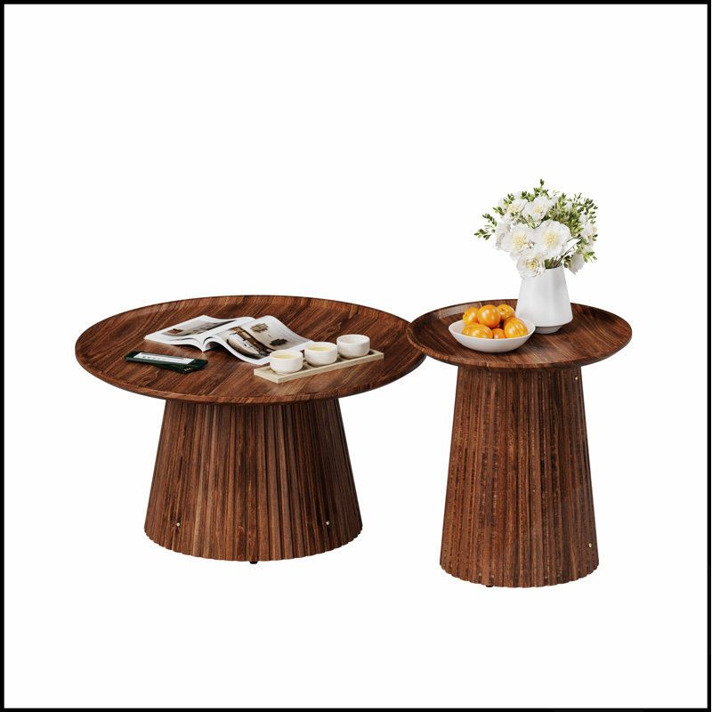 Ensemble de 2 tables basses rondes, grandes et petites tables centrales et d'appoint en bois, finition noyer moderne pour le salon et le bureau