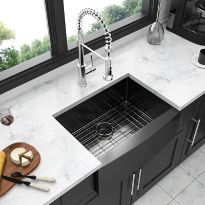 Évier de cuisine en acier inoxydable noir Gunmetal de 24 po - tablier de cuisine de calibre 16, trace et longue durée, guide de drain en X pour écoulement, coin arrondi R10, support inclus, grille de rinçage inférieure, installation