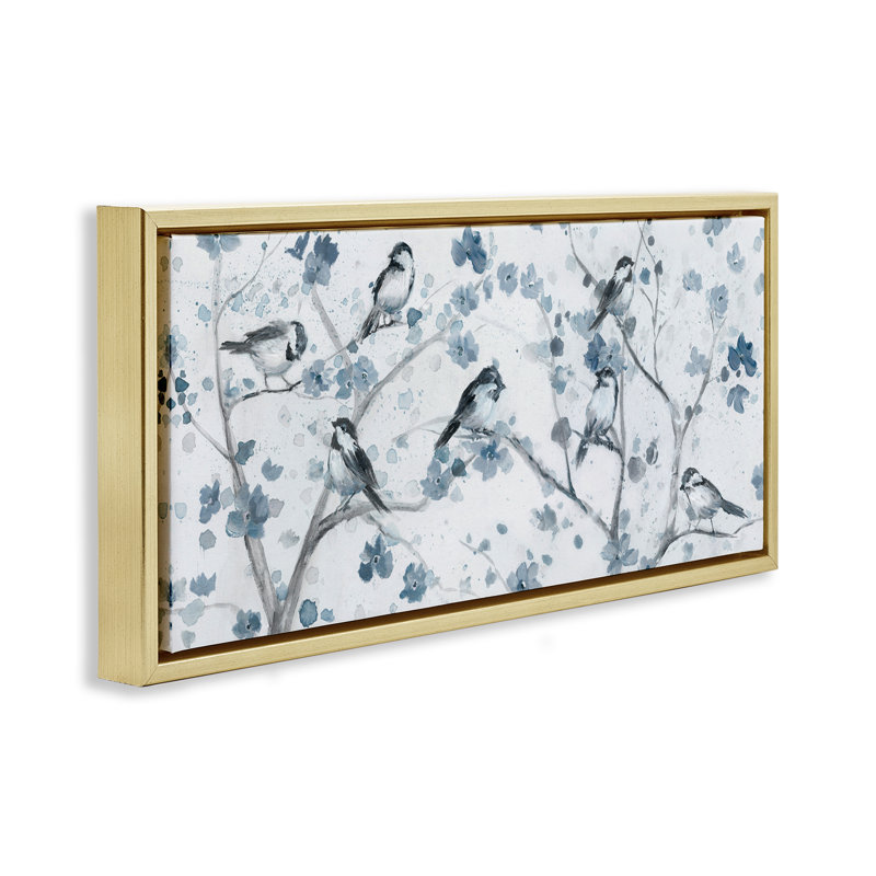 Oiseaux sur des branches tachetées, H 11 po x l 25 po, Cadre flottant gris lustré
