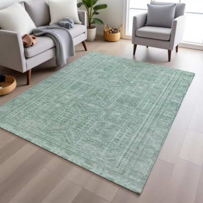 Machine Washable Indoor/Outdoor Xhevrie Teal Rug
