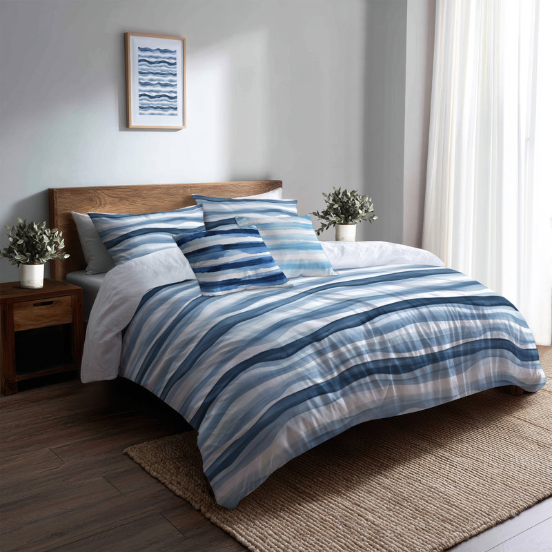 Ensemble de housse de couette et de coussin à rayures bleues et blanches Calm Tides