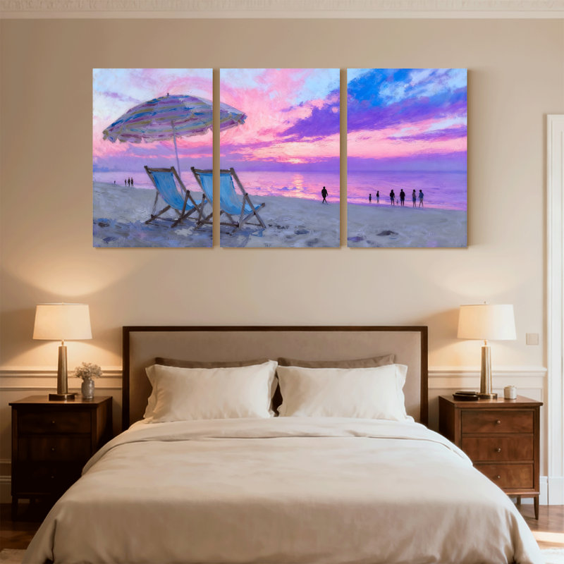 Plage, plage, coucher de soleil, chaises, parapluie, ciel, gens, eau, sable, ensemble de 3 impressions sur toile