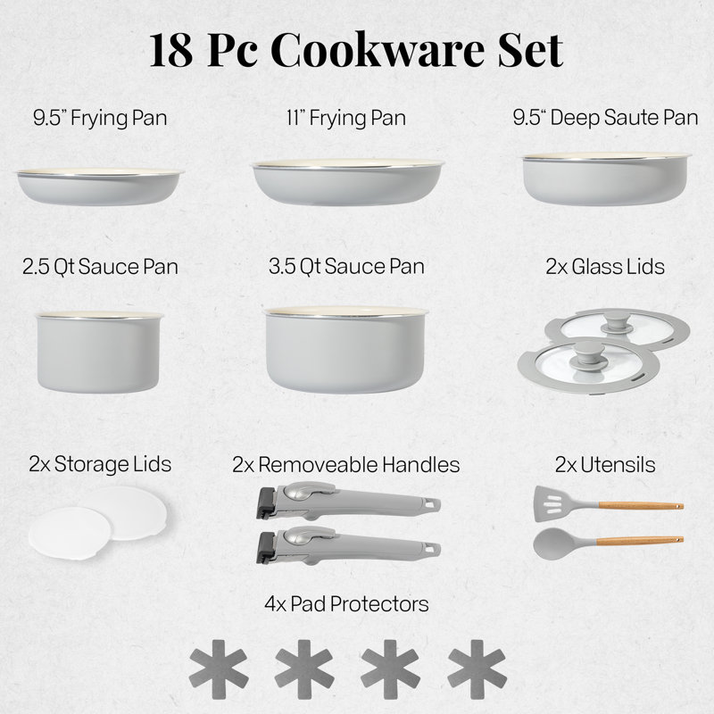 Gray and Cream Aluminum Ceramic Nonstick Cookware Set with Detachable Handles