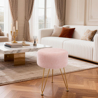 Modern Round Vanity Stool with 3 Metal Legs, Multiuse Foot Rest for Makeup Room Bedroom