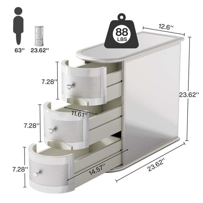3-drawer Mirrored End Table Set, No Assembly, Modern Narrow Sofa Side Table, Wood Nightstand Bedside Table