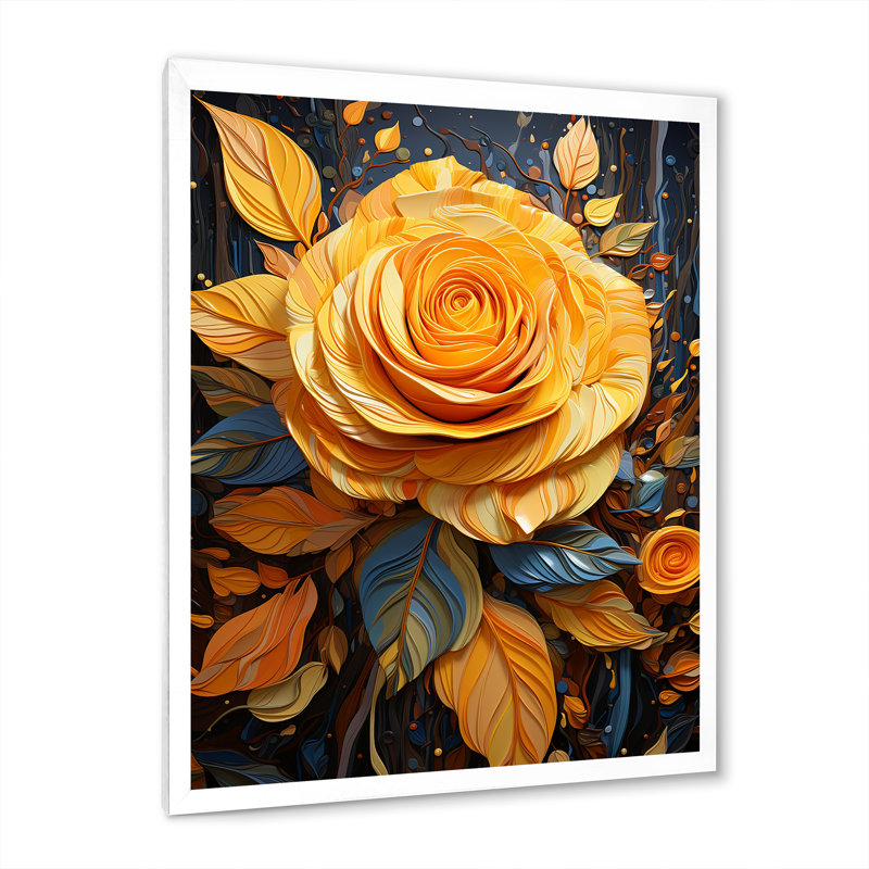 «Yellow Rose Elegance - Roses», art mural, Cadre simple blanc, H 32 po x l 16 po x P 1 po