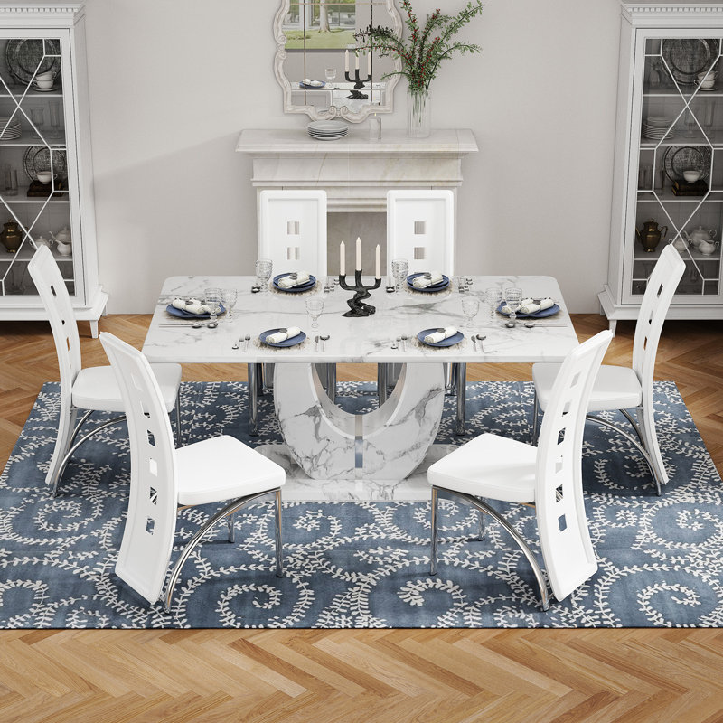 Dining Table set with PU Leather Upholstered Chairs, 7 Pieces: Table, 6 Chairs, White/Silver