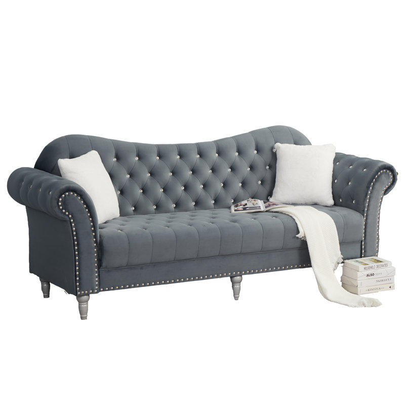 87" Velvet Sofa, Chesterfield Sofa With Rolled Arm And Solid Wood, Grey