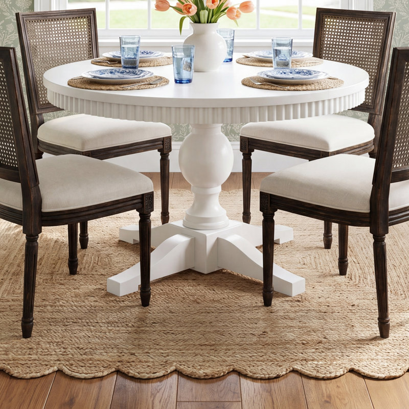 Gunes Modern Farmhouse 66" Round-To-Oval Pedestal Dining Table - White, White