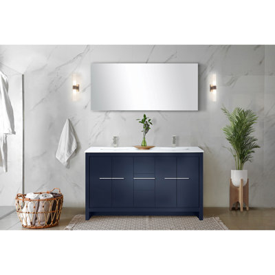 Navy Blue Double Bath Vanity 60 In. W X 20 D With Marble Top, Brushed Nickel Faucet And 55 Mirror, Long-lasting Appeal 60" 20" Countertop, 55" Stain Scratch Build
