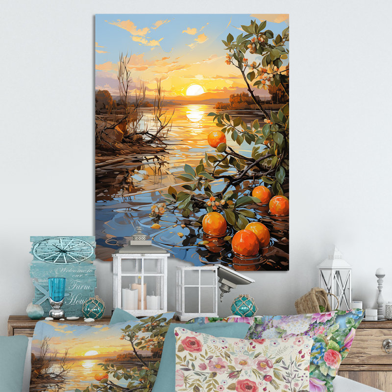 Orange sienne sereine, coucher de soleil sur lac II - fruits, art mural en métal, H 20 po x l 12 po x P 1 po