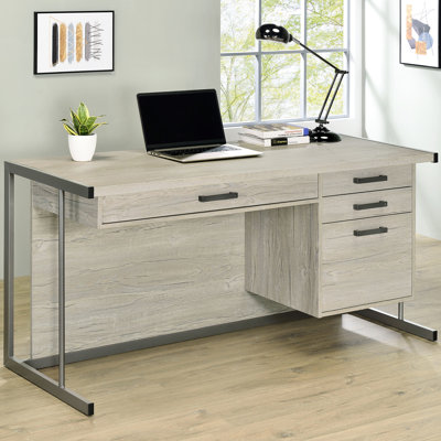 Rustic - Bureau de bureau industriel à 3 tiroirs avec plateau à clavier réglable, pieds en métal, gris délavé et finition bronze industriel, 30,5 po de hauteur, 60 po de largeur, 23,5 po de profondeur pour bureau d'ordinateur
