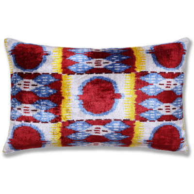 Hand-Knotted Silk Ikat Lumbar Pillow - 16x24 Red & Blue Velvet Accent