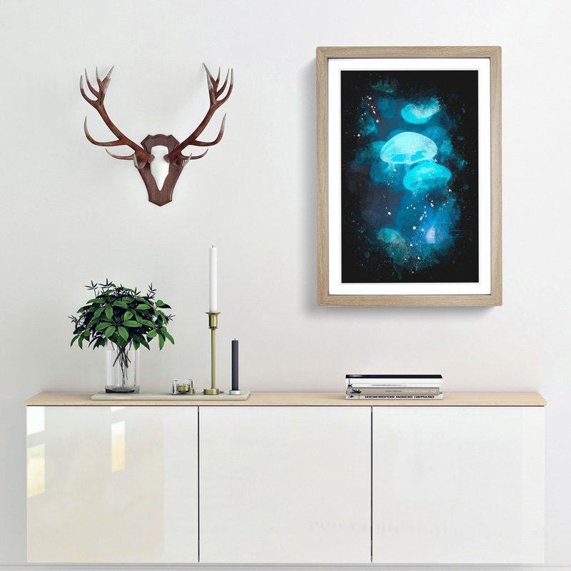 Blue Jellyfish - Picture Frame Graphic Art Print, 63cm H x 45cm W x 2cm D, Oak Framed