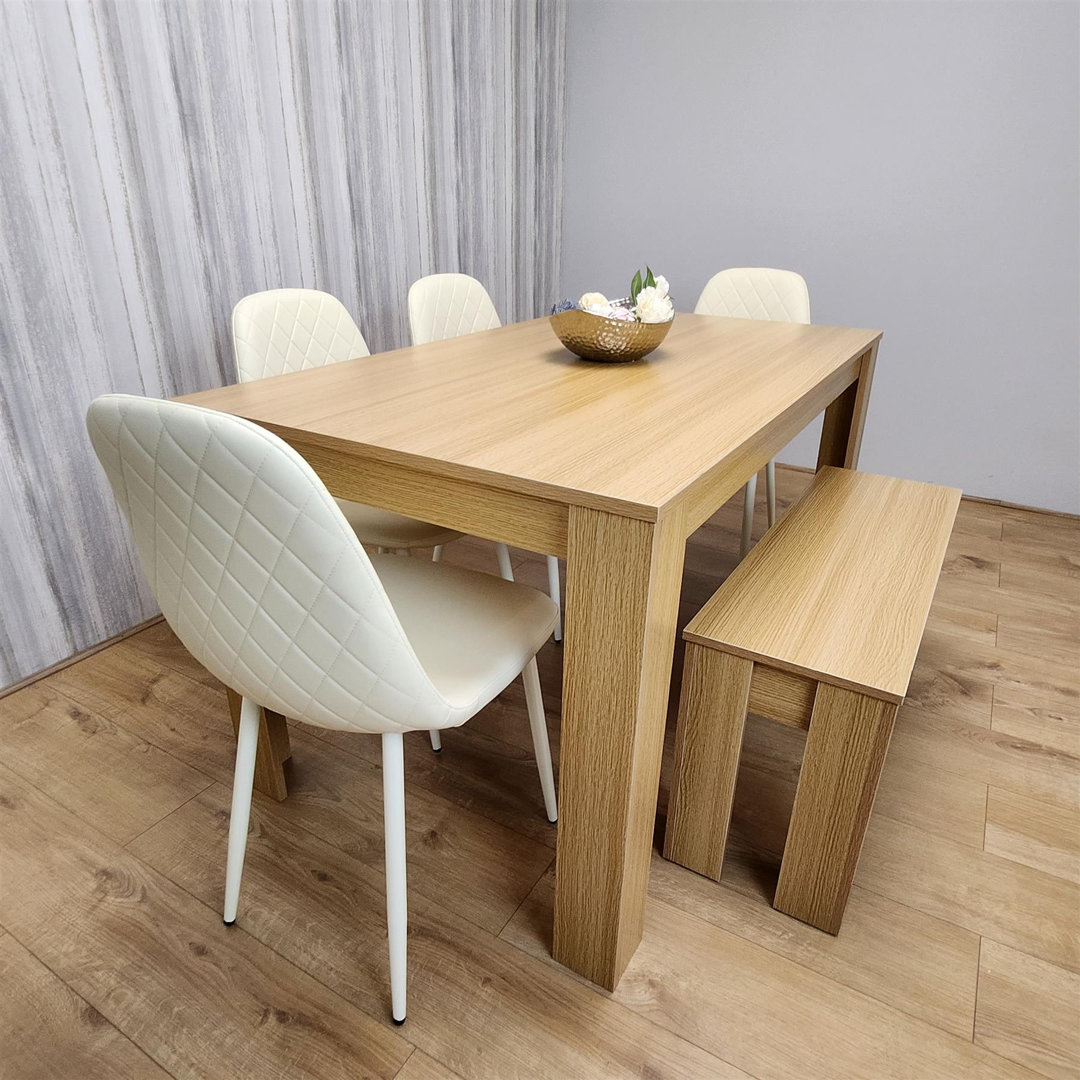 Kosy Koala Brown 6 Seater Light Wood Dining Table Set 4 Cream Plastic Chairs & Bench In - Image 4