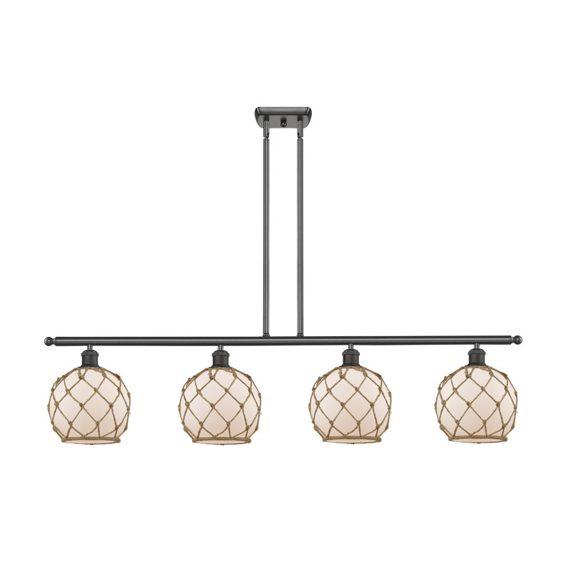 Luminaire suspendu linéaire à 4 lumières pour îlot de cuisine Hillhouse, Blanc avec corde brune, Ampoule DEL 6 watts Vinage