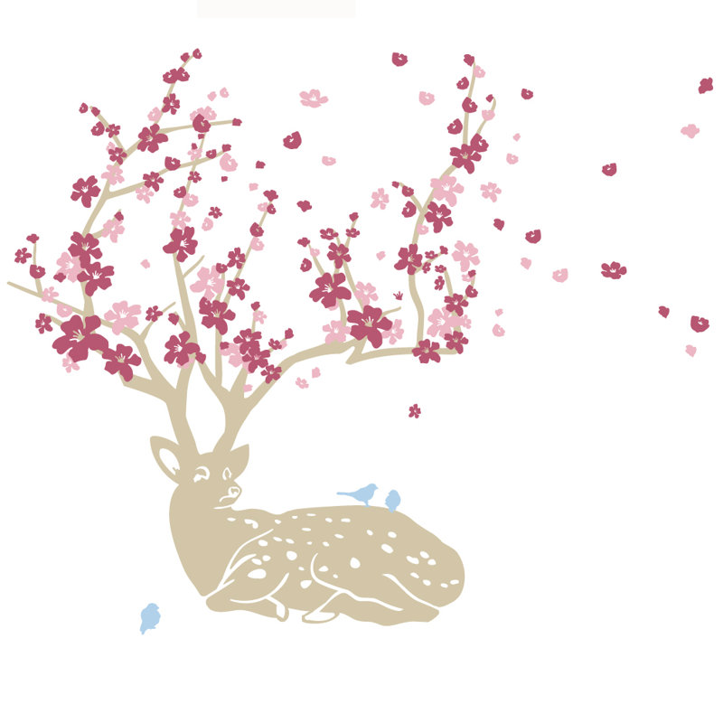Décalcomanie murale cerf fleur de cerise, 33" H x 28" lx 0.01" D, Beige / Rouge À Lèvres / Rose