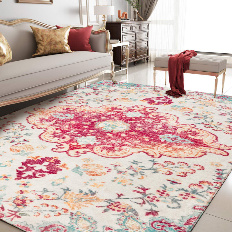 Juanelle Performance Washable Indoor Rug, Retangle 5' x 7', Crimson & Cream