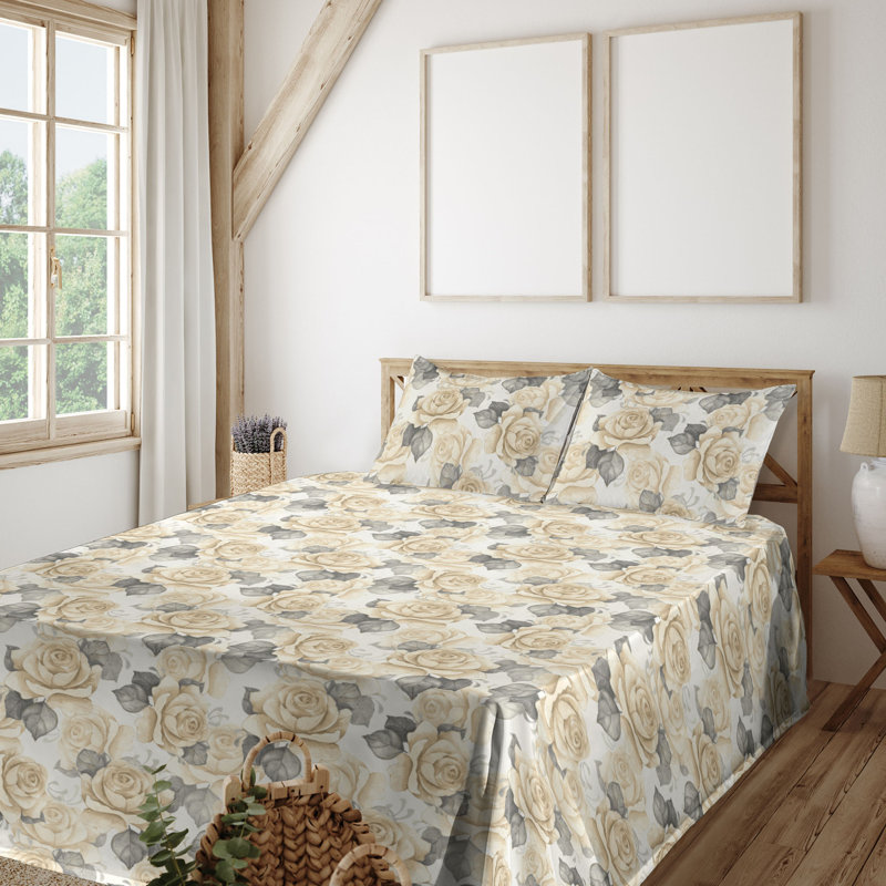 Ambesonne Watercolor Botany Sheet Set 4 Pcs Retro Boho Bloom, Pale Peach Pale Gray Dust Floral