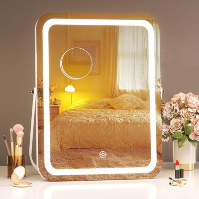 Miroir de salle de bain à DEL avec lumières, miroir de maquillage avec 3 modes d'éclairage, contrôle tactile intelligent, luminosité à intensité variable, rotation de 360 degrés, comprend une loupe 5X