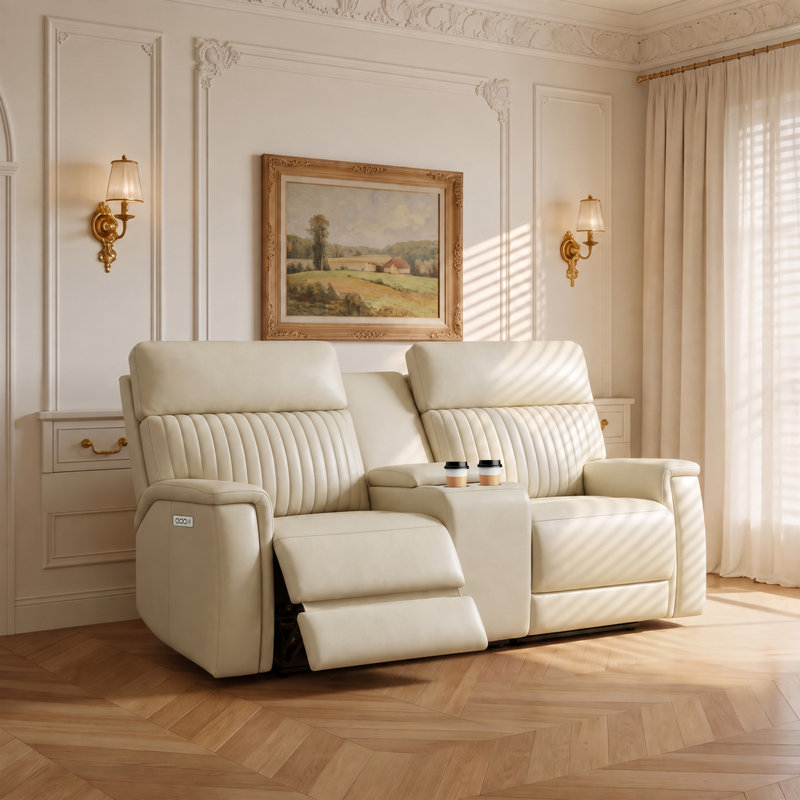 Canapé inclinable en cuir Liudgardas, Cuir véritable crème