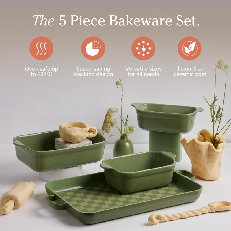 Sage Green Ceramic 5-Piece Bakeware Set with Oven Mat
