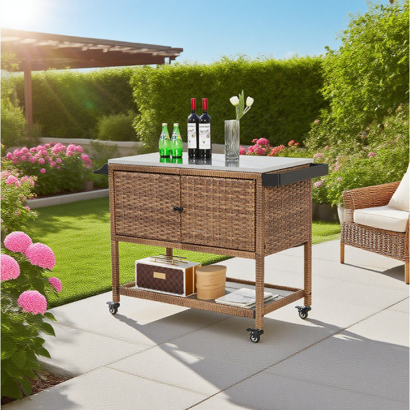 Outdoor Wicker Beverage Cart Brown, Rattan Bar Table With Glass Top And Wheels For Garden Pool Parties