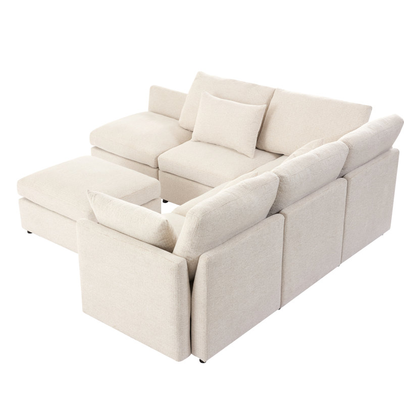 Canapé-lit modulaire rembourré 6 pièces Virelle, Chenille beige