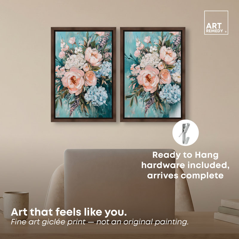 Teal Teal Elegant Floral Duet, H 16 po x l 11 po, Cadre noyer