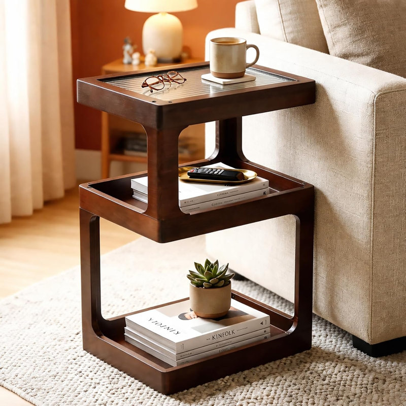 Table d'appoint en bois massif, petite table de bout à 3 niveaux, table d'appoint brune 100% pin, plateau en acrylique cannelé, style rétro géométrique, table de bout MCM, rangement ouvert, pour salon, canapé, chambre à coucher, étroit