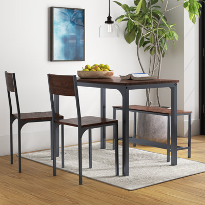 Ensemble de table de salle à manger 4 personnes Pickell, 2 chaises avec dossier, banc pour 2 personnes avec support de rangement
