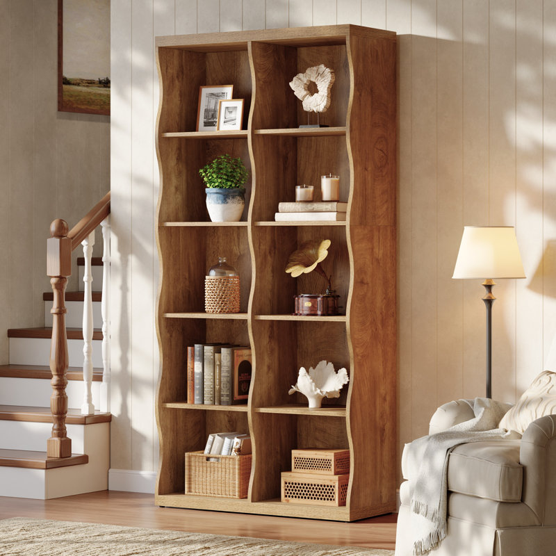 70.86" Bookcase With 10 Storage Cubes, 5-tier Wave-design Bookshelf, 1