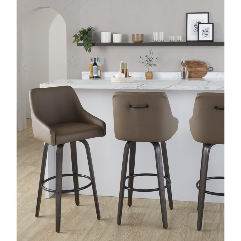 Tabourets de bar à hauteur fixe de 30 po avec pieds en bois cintré et repose-pieds Harper, Similicuir brun