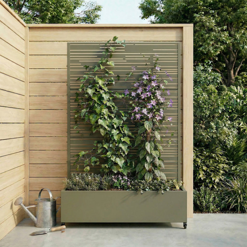 6 ft. H x 4 ft. W Metal Planter Box privacy screen Garden Bed with Trellis and Wheels - Gray, Green