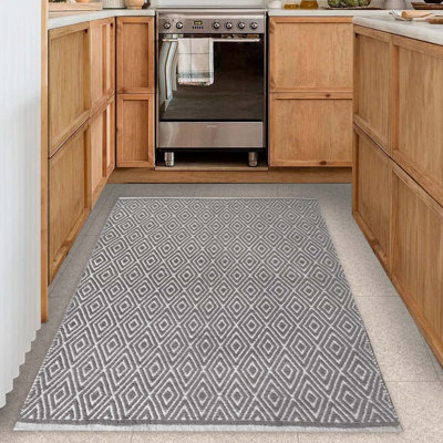 Tapis gris-beige en coton tissé à plat à la main à motif géométrique Siggers