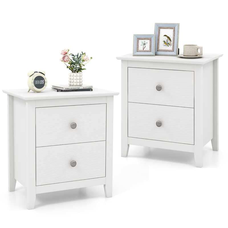 Table de chevet moderne avec rangement 2 tiroirs et pieds de support pour chambre blanche, Ensemble de 2