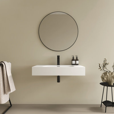 32" Upgraded Wall Mounted Bathroom Sink Solid Surface Sink With Single Faucet Hole