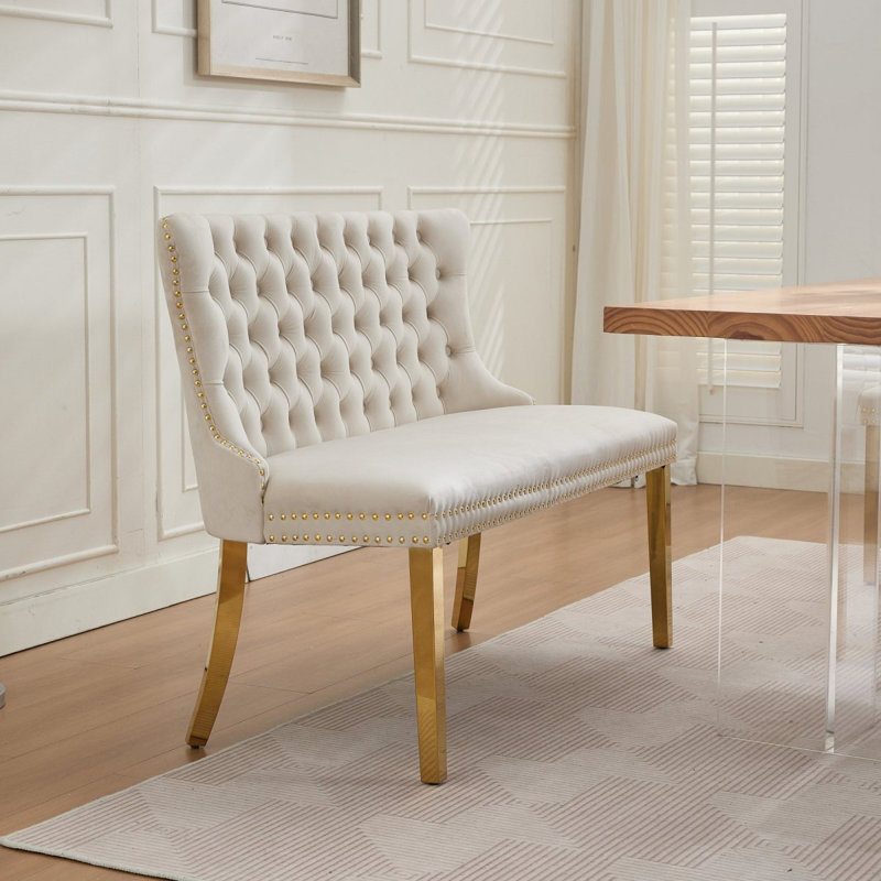 Banc en velours pour causeuse double, sièges de cuisine et de salle à manger, banc capitonné à 2 places avec boutons faits à la main, dossier à oreilles, pieds en acier plaqué or, beige