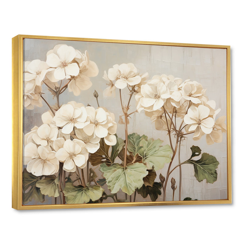 Minimalisme beige géraniums III - impression, Cadre flottant doré, 12" H x 20" W