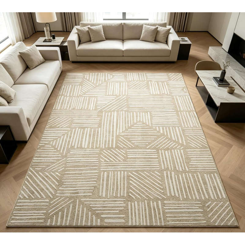 Tapis géométrique abstrait moderne lavable à la machine, tapis doux antidérapant à poils courts, Chameau, 8 x 10 pi