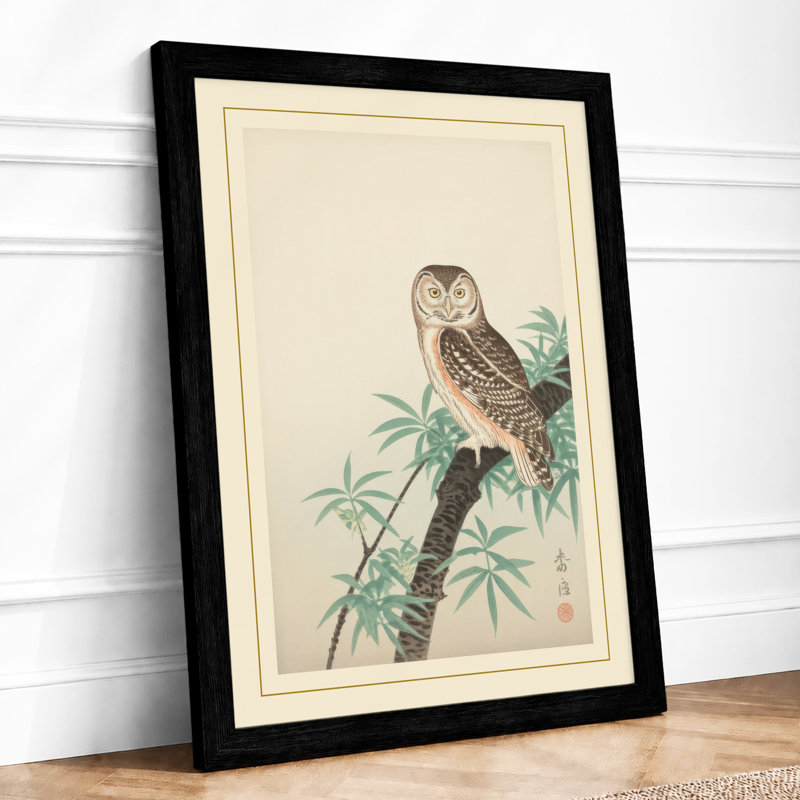 Burrowing Owl And Branch Japandi - Print, A2 - 59.4 x 42.0 cm, Black
