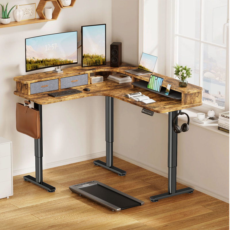 63"W Corner Standing Desk Adjustable Height Electric L Shaped Standing Desk With Drawers Gamers, Rustic Brown/Black