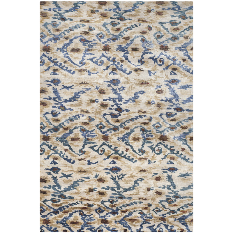 Luxor Blue and Beige Hand-Knotted Silk Geometric Rug