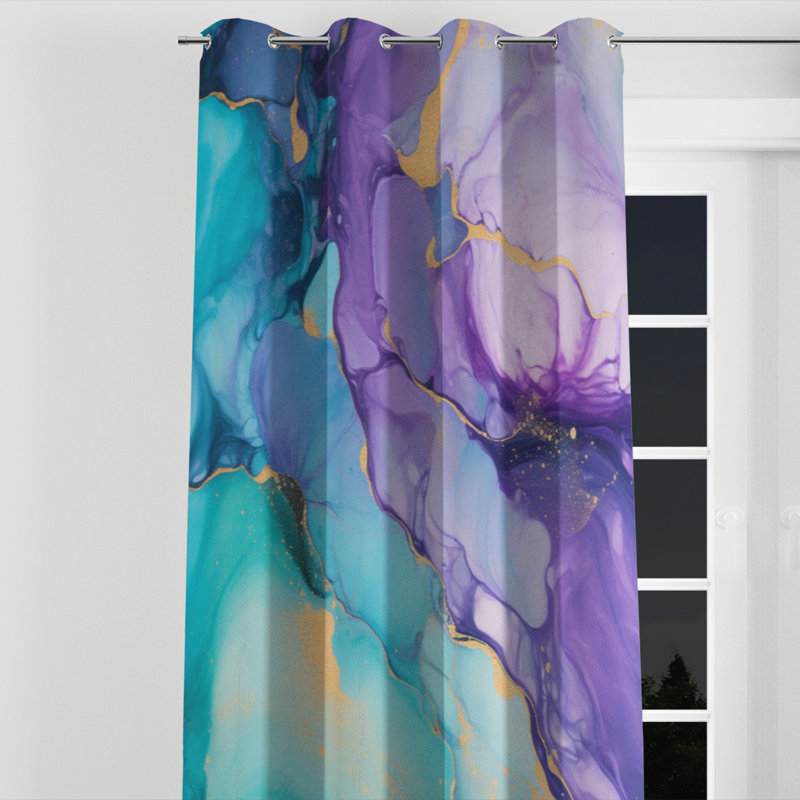 Turquoise et mauve liquide Art III - rideau à œillets occultant moderne - 1 panneau, L 52 po x L 108 po, Œillets argentés